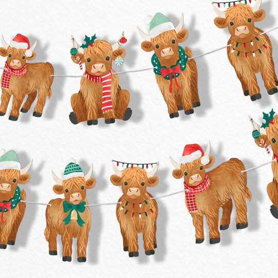 Big Dot of Happiness; Big Dot of Happiness Highland Christmas Cow Garland Banner, Rustic Holiday Decor Backdrop, 30 Feet of Cord, 15 Paper Hairy Coo Shapes Double-Sided; Category:Banners; Image:1